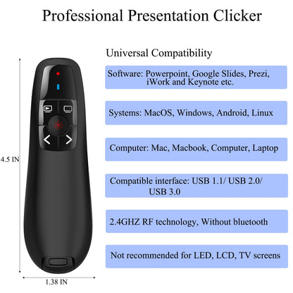 Wireless Presentation Clicker for Google Slides: 100ft Range | Ultra-Bright 656ft Red Pointer | Battery Powered - Plug & Play USB Presenter Remote with Volume & Black Screen for Mac Win PPT Keynote