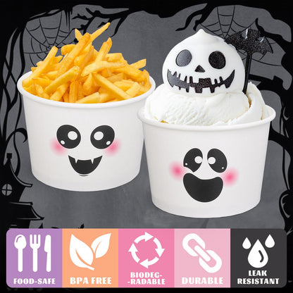 Whaline 48 Pcs Halloween Ghost Snack Cups White Boo Treat Disposable Paper Bowls 9 Oz Paper Cups Dessert Ice Cream Bowls for Trick or Treat Birthday Movie Party Favor Supplies