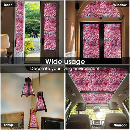 Pink Peach Floral Stained Glass Window Films Decorative Double-Side Privacy Film Self-Adhesive Static Glass Window Clings Stickers for Living Room Bathroom Glass Windows Decor