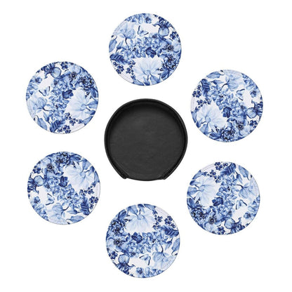 6 Pcs Blue and White Floral Leather Coasters for Drinks with Holder Coaster Sets Drink Table Cup Coasters for Living Room Kitchen Coffee Decor