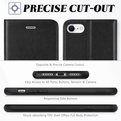 TUCCH Case Wallet for iPhone SE 2022/ iPhone 7/8/iPhone SE 2020, PU Leather 3 Card Slots Stand Magnetic Flip Folio Cover TPU Shockproof Inner Shell, Black