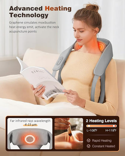 Neck and Shoulder Massager with Heat, Cordless Back and Neck Massager, Upgraded Graphene Heating, 4D Shiatsu Deep Kneading Massage for Shoulder, Back Pain Relief, Gifts for Dad Mom Friend (Gray)