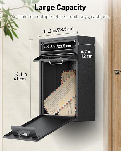 Uniclife Wall Mount Mailbox for Outside, Anti-Theft Heavy Duty Locking Mailbox, Large Mailbox with Combination Lock, Security Mail Box, Safe Key Drop Box, Post Box, Steel Cash Drop Box for Home, Black