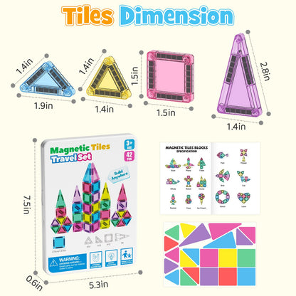 MEIQ 42PCS Mini Magnetic Tiles Travel Set with Iron Storage Box - Portable STEM Building Blocks for Kids 3-8, Montessori Educational Magnet Toys for Airplane, Car Rides & On-The-Go Play