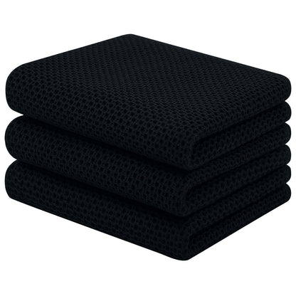 Homaxy 100% Cotton Waffle Weave Kitchen Towels, 3-Pack Ultra Soft Absorbent Dish Towels, Quick Drying Cleaning Towels, 13 x 28 Inches, Black