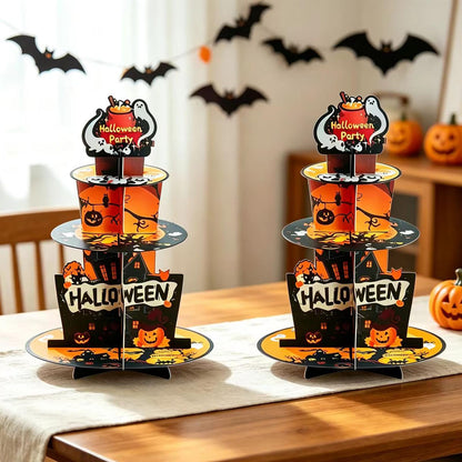2PCS 3-Tier Halloween Paper Cupcake Stand, Halloween Themed Dessert Display Rack, Heavier-Gauge Paper Display Stand for Home Party & Dessert Serving (Multicolor)