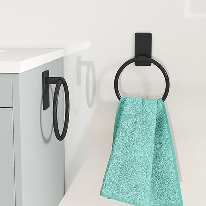 STWWO Adhesive Towel Ring, Hand Towel Holder for Bathroom, Adhesive Round Towel Ring for Bath RV, Black