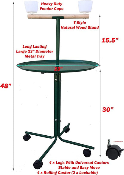 Large 23" Play T-Stand Perch Metal Base Parrot Bird Cage Amazon African Grey Macaw Cockatoo with Lockable Rolling Castors