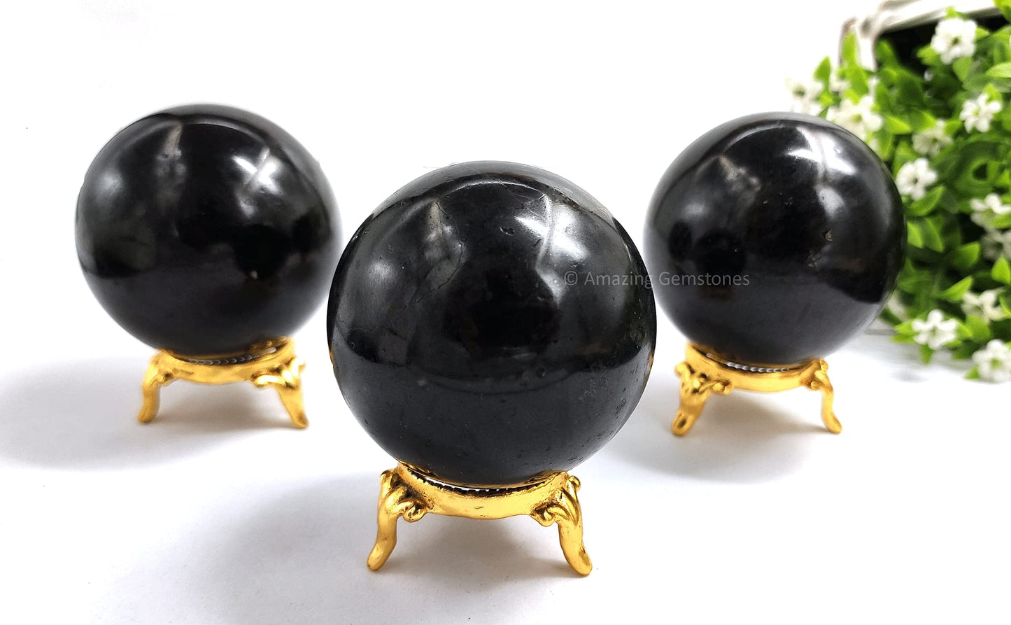 Amazing Gemstone Black Tourmaline Crystal Sphere Round Ball with Sphere Holder Stand, Natural Healing Stone Sphere for Massage Meditation Crystal Grid Witchcraft Supplies Reiki Yoga