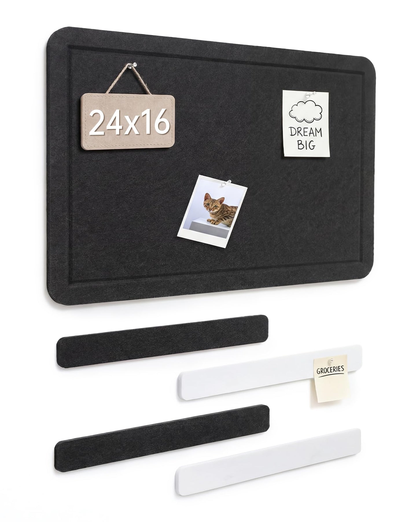 Small Felt Bulletin Board and 4 pcs Bar Strips Set, 24"X16" Cork Board Alternative with Removable Adhesive Tabs, 30 Push Pins for Office, Classroom, Bedroom, Walls Decorations - Black
