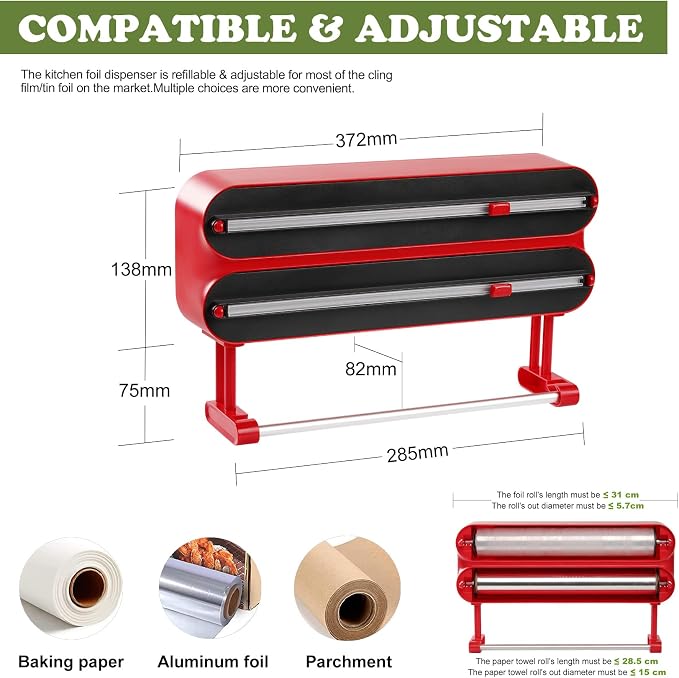 Aluminum Foil & Plastic Wrap Dispenser with Cutter - Magnetic & No-Drill Wall Mount, Cling Film Dispenser with Paper Towel Holder, Space-Saving 3-in-1 Kitchen Organizer - Fits 12" Roll, Red