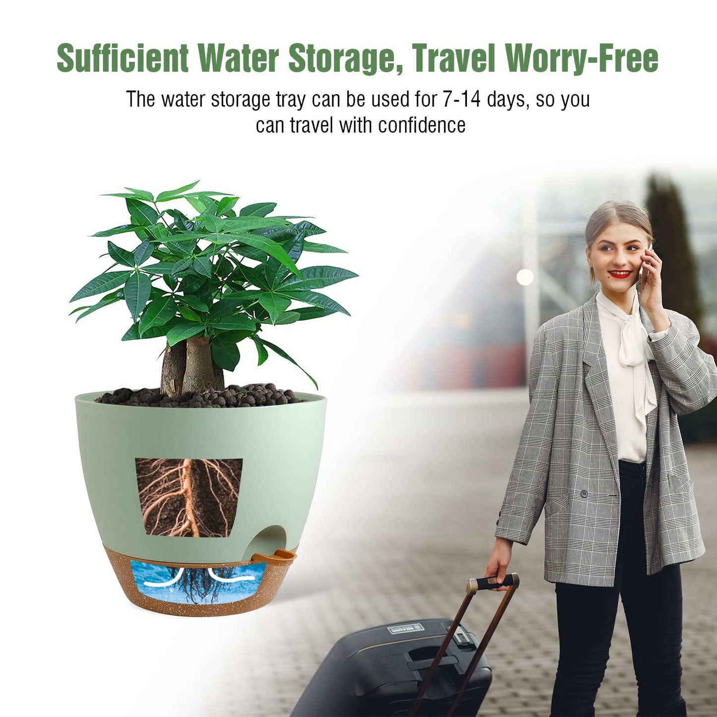 UOUZ 12 inch Large Self Watering Pots, Plastic Planters with 60oZ Removable Deep Reservoir and Multi Mesh Drainage Holes for Indoor Outdoor Garden Plants and Flowers, Green with Brown
