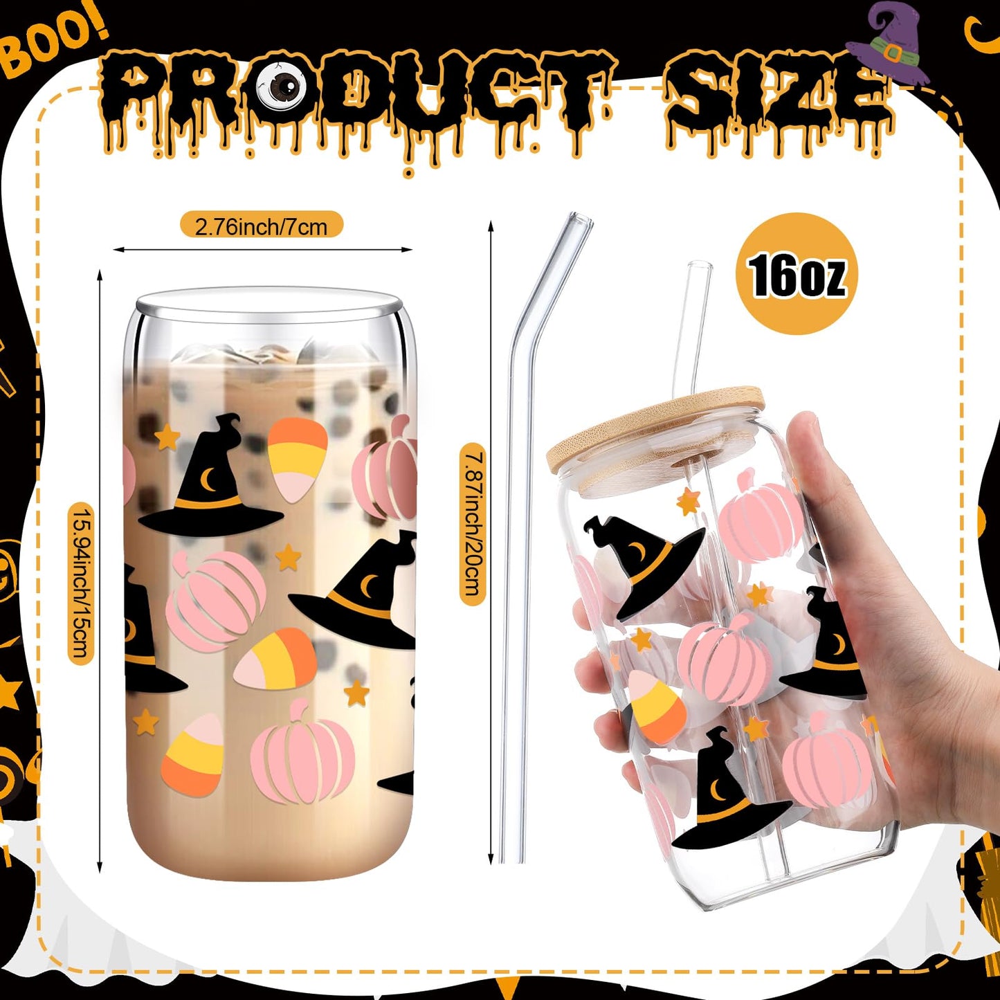 RimCereal 6 Pcs Pastel Pink Ghost Halloween Cup Bulk 16 oz Ghost Glass Mugs with Bamboo Lid and Straw Cute Spooky Skull Iced Coffee Can Tumbler Cute Halloween Stuff Gifts for Women Men Party Favors