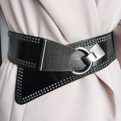 macoking Studded Wide Belts for Women Elastic Chunky Waistband for 80s Dress, Black, M