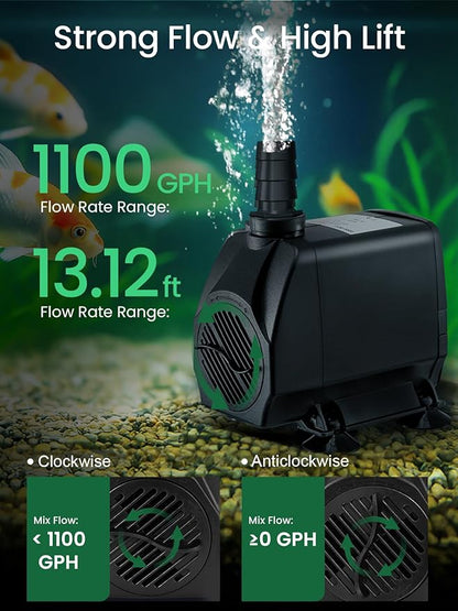 GROWNEER 1100GPH Submersible Pump 90W Fountain Water Pump 4100L/H, with 13ft High Lift, 4 Nozzles for Aquarium, Fish Tank, Pond, Hydroponics, Statuary, Garden, Black(1100GPH)