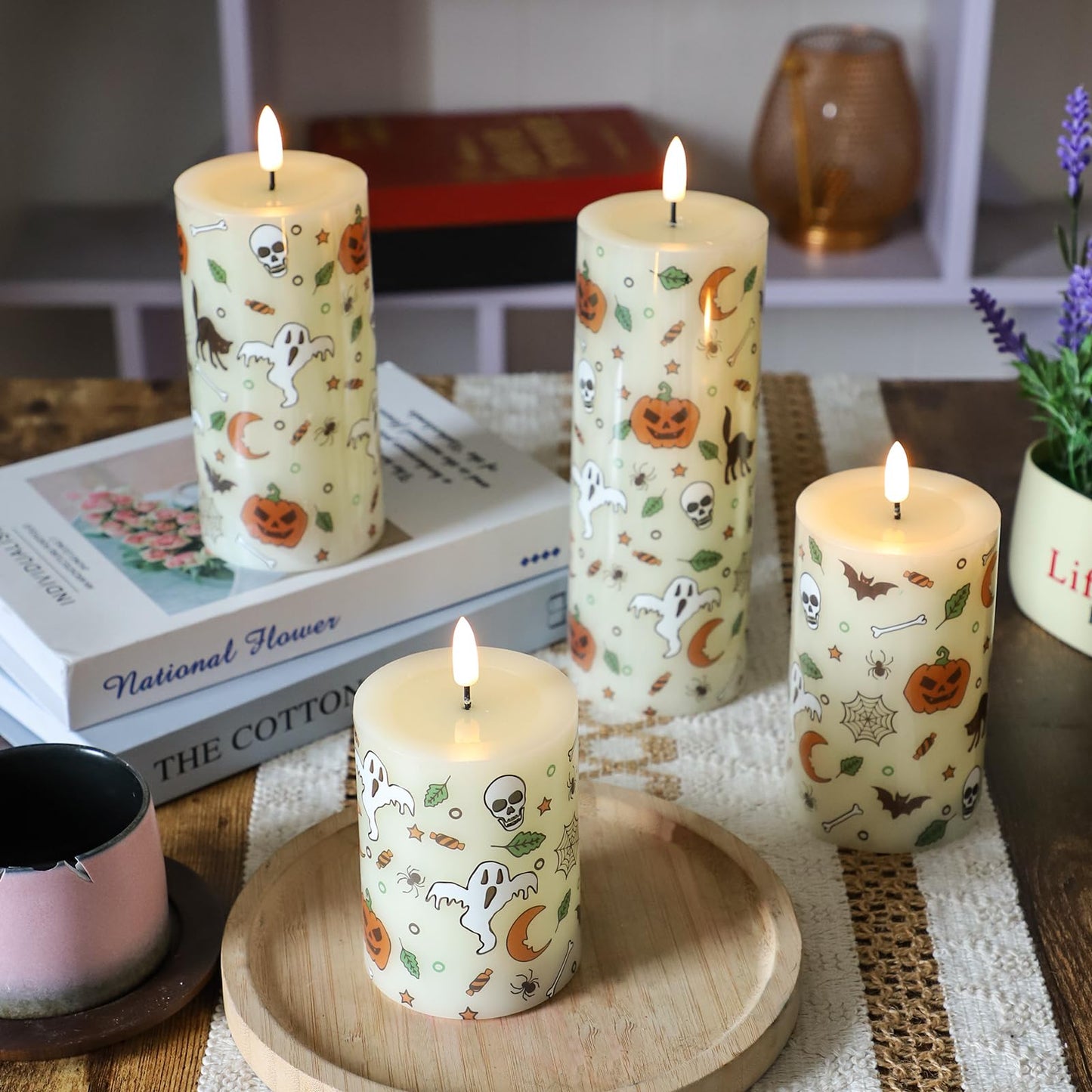 Lezonic Ivory Flameless Candles with Remote, LED Battery Operated Flickering with Timer, 4 Pack Glossy Wax Drips Design Real Wax Pillar for Halloween Decor, Centerpiece, Birthday Gifts (4/5/6/8 Inch)