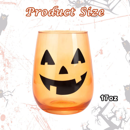 Whaline 3 Pieces Halloween Stemless Wine Glasses 17Oz Clear Orange Jack-O-Lantern Drinking Glasses Spooky Expressions Tumbler Cups for Halloween Party Birthday Housewarming Gifts Cocktail Beverage