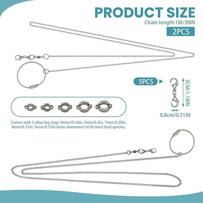LELE LIFE 2 Pack 39in Bird Leash with 5 Sizes Ankle Rings, Stainless Steel Anti-Bite Parrot Bird Harness Flying Toy Training Chain Leg Rope Outdoor Parrot Alloy Foot Ring