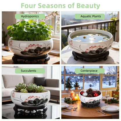 Homoyoyo Plant Container Bowl Ceramic Succulent Pots Decorative Glazed Shallow Succulent Planter with Base Stand for Home Desk Decor