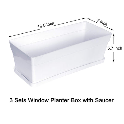 Youngever 3 Pack 15 Inch Plastic Window Box Planter, Heavy Duty, Flower Box Planter with Attached Tray for Windowsill Garden Balcony, White