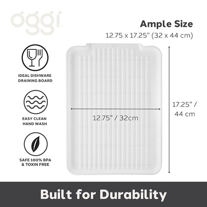 Oggi Dish Drain Board and Drying Rack Tray for Kitchen Counter, Plastic Drainboard with Raised Ridges, 12.75 x 17.25 inches - White
