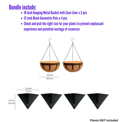 LaLaGreen Bundle- 4 Pack, 12 Inch Black Geometric Self Watering Pot + 2 Pack, 10 Inch Hanging Basket with Coco Liner Flat Metal Iron Balcony Porch Plant Holder Stylish Wall Mounted Flower Vase Vessel