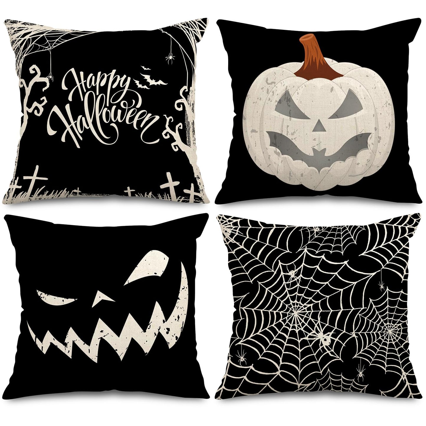Whaline Happy Halloween Pillow Cover 20 x 20 Inch Pumpkin Spider Web Pillow Case Black Linen Throw Cushion Cover Cushion Cases for Home Office Halloween Sofa Bed Decoration, 4Pcs