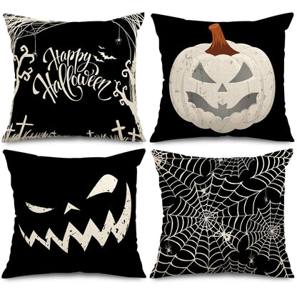 Whaline Happy Halloween Pillow Cover 20 x 20 Inch Pumpkin Spider Web Pillow Case Black Linen Throw Cushion Cover Cushion Cases for Home Office Halloween Sofa Bed Decoration, 4Pcs