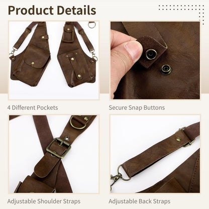 Anti-Theft Double Shoulder Underarm Bag Adjustable PU Leather Harness Chest Rig, Body Fit Vest Pouch with 4 Pockets, Vintage Viking Punk Crossbody Utility Bag for Travel Festival Cosplay