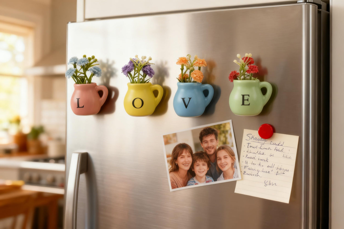 4 Pack Love Ceramic Fridge Magnets with Artificial Flowers, Miniature Magnetic Vases for Refrigerator Decor, Gift for Mom, Anniversaries and Housewarming