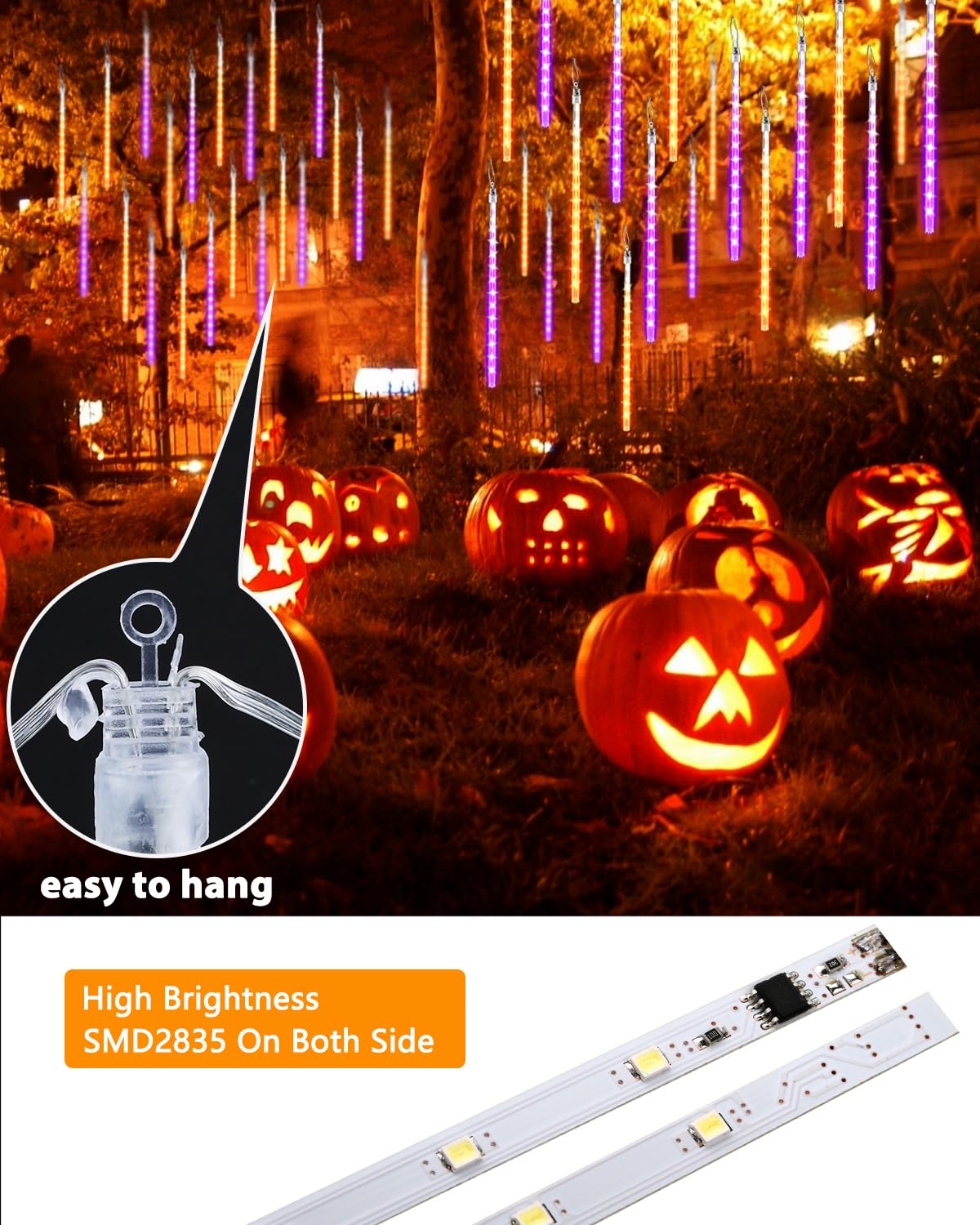 Flacchi Halloween Lights Outdoor 20 Tubes 480 LED Raindrop Meteor Shower Icicle Lights with Timer Function Cascading Light Falling Rain Light for Halloween Orange Purple