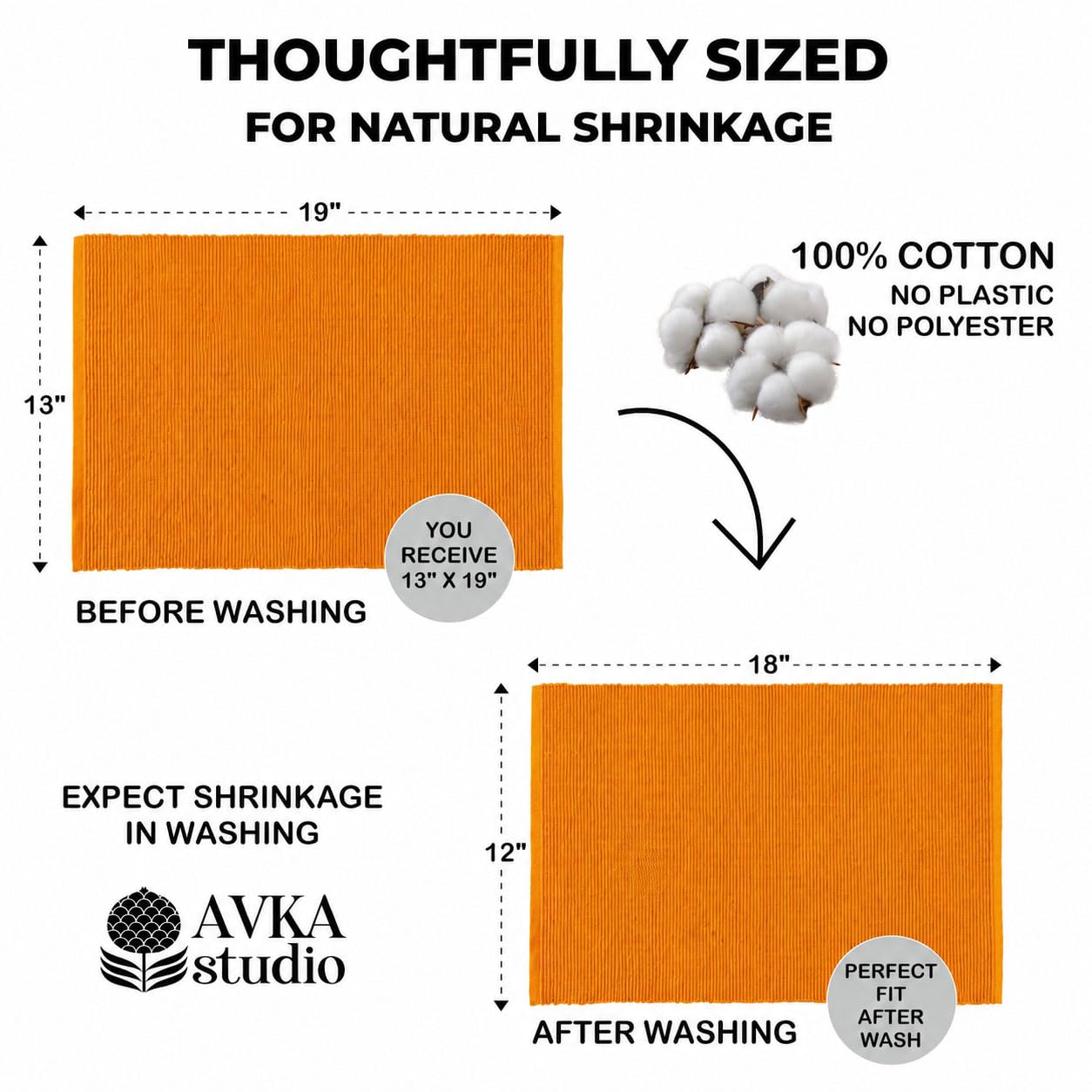 100% Cotton Ribbed Placemats - Set of 4-13 x 19 Inches - Orange - Everyday/Fall/Thanksgiving/Halloween Cloth Table Mats - Thick Construction, Washable Reusable & Place Mats - by AVKA Studio