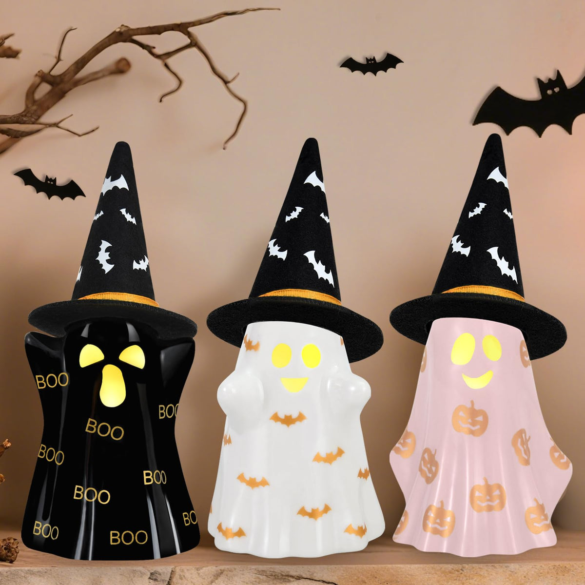 Byrita Halloween Decorations Indoor, Set of 3 Ceramic Halloween Ghosts with Witch Hats, Cute Spooky Lighted Decor Ghost Figurines Witch Hat Scary Pumpkin Bats Boo for Home Mantel Shelf Table Decor