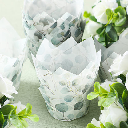 Funtery 200 Pcs Green Tulip Cupcake Liners Wrappers Tulip for Baking Eucalyptus Cupcake Liners Mini Baby Shower Baking Rustic Wedding Birthday Party Decorations for Bridal Shower Festival Party