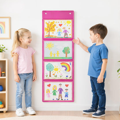 Watersay 2 Pcs Storage Pocket Chart for Classroom 37.4 x 13 in, 4 Pockets Hanging Wall File Organizer for Cards, Drawing, Pictures, Class Demonstrations, Homework, Teacher Office Organization (Pink)