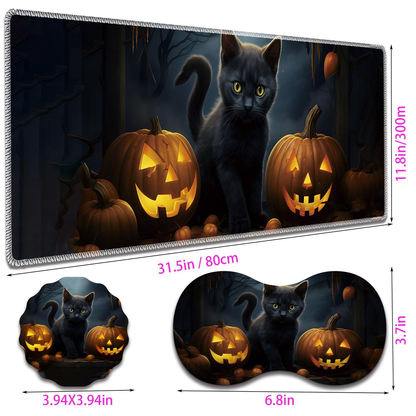 Large Gaming Mouse Pad + Mouse Wrist Rest Pad + Coaster Combination, 31.5 "x 11.8" Durable Non-Slip Extension Table Mat, Suitable for Office and Home, Halloween Black Cat