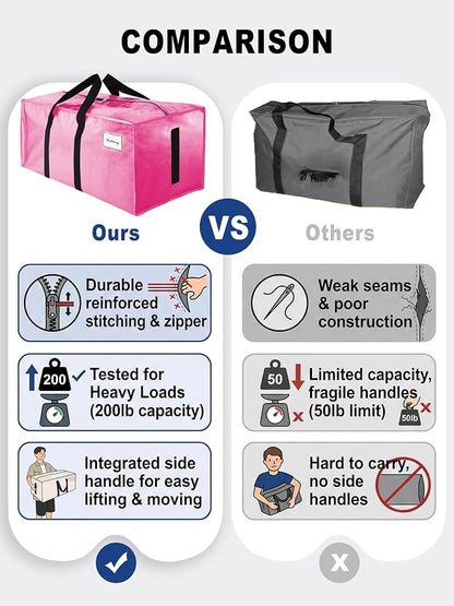 HOMESURE Supports 200lbs Heavy Duty Moving Bags - Strong Zipper & Wrap-Around Handles - Water-Resistant Storage Totes, Durable Alternative to Moving Boxes - 8 Pack - Pink