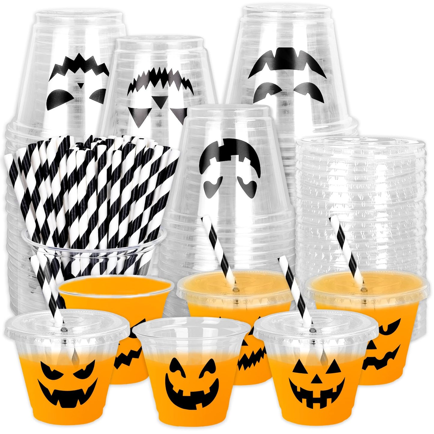 Whaline 60 Pcs 9 Oz Halloween Disposable Plastic Cups with Lids and Straws Black Evil Pumpkin Face Cold Beverage Drinking Cup for Trick or Treat Birthday Party Supplies