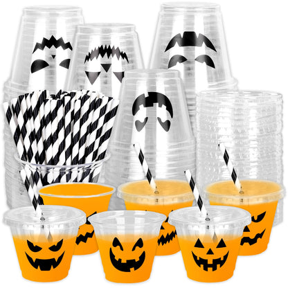 Whaline 60 Pcs 9 Oz Halloween Disposable Plastic Cups with Lids and Straws Black Evil Pumpkin Face Cold Beverage Drinking Cup for Trick or Treat Birthday Party Supplies