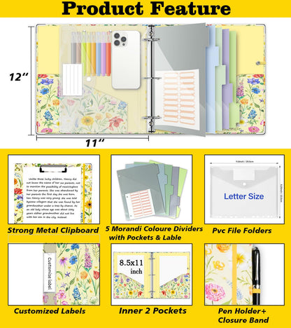 3 Ring Binder 2 Inch, Three Ring Binders Organizer with Clipboard, 5-Tabs Pockets Dividers, Plastic Folder, 18 Divider Stikers, KLLVE Cute Binder with Pen Loop (Garden Party, Letter Size)