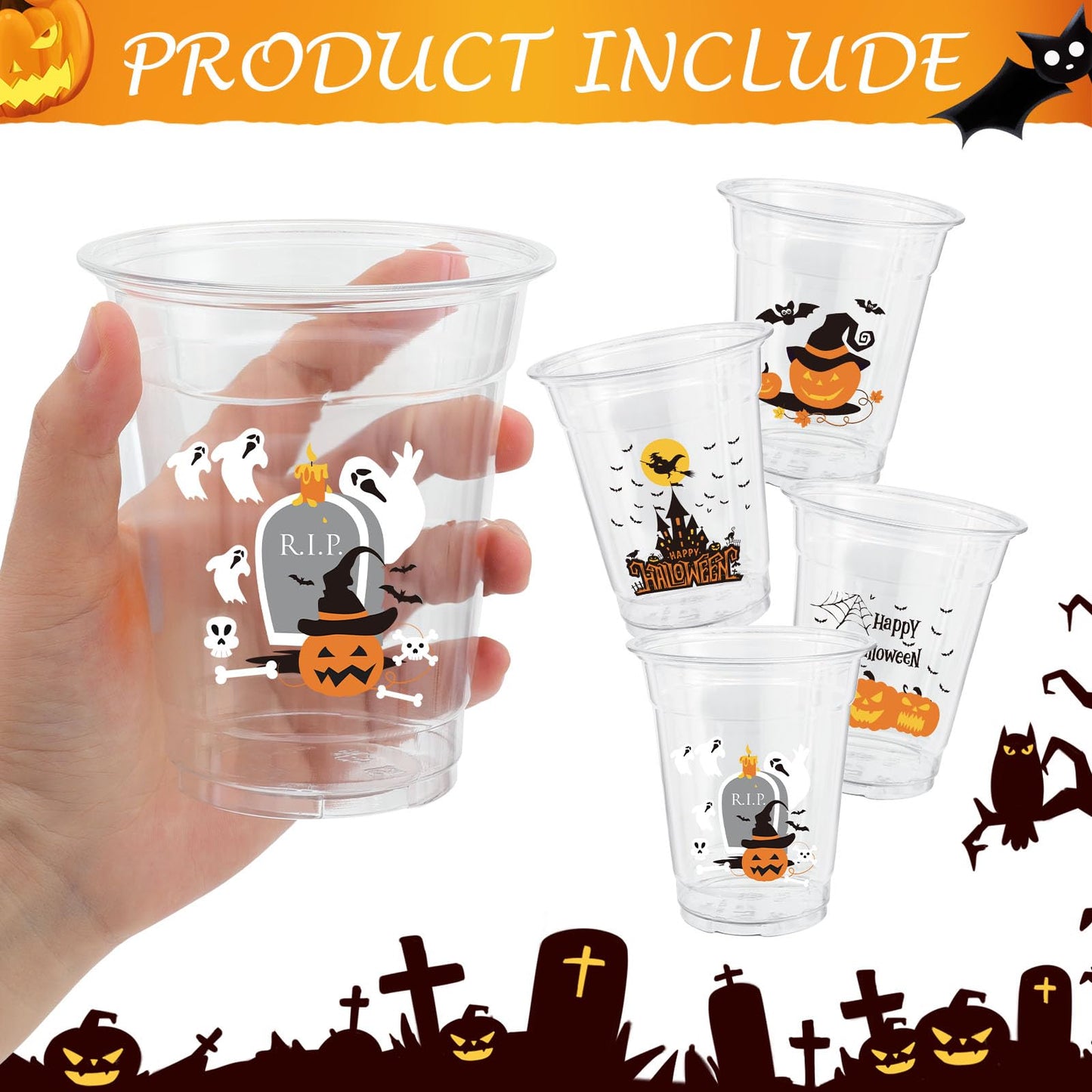 50 Pcs 12OZ Halloween Cups,Halloween Plastic Cups Party Decorations Disposable Clear Pumpkin Bat Ghost Plastic Cups Juice Soda Beverage Halloween Party Favors For Halloween Themed Birthdays Supplies