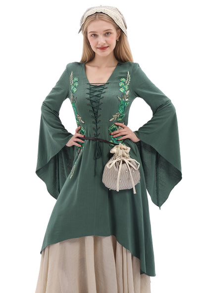 Medieval Velvet Pouch with Beads Drawstring Belt Purse Renaissance Waist Coin Bag for Ren Faire (Ivory)