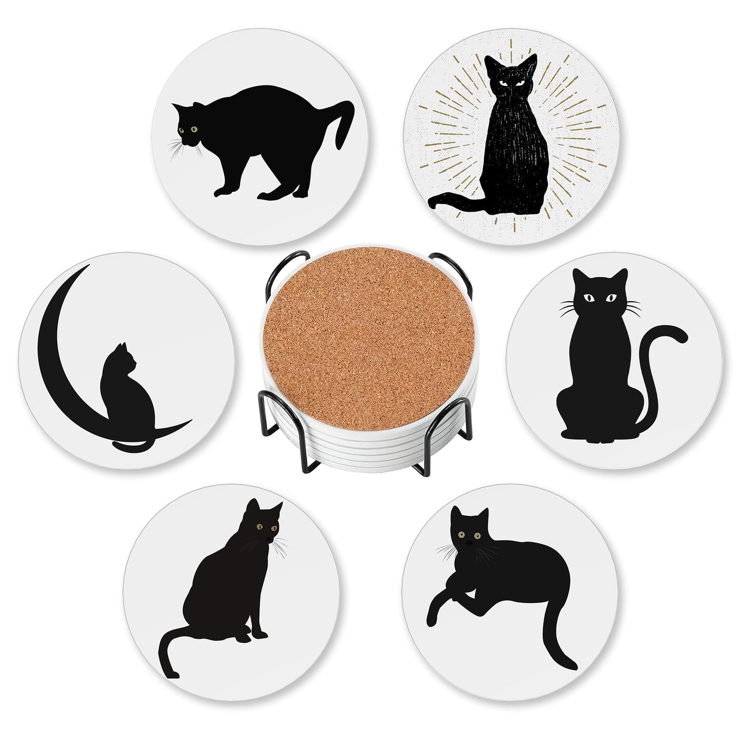 Coasters for Drinks Absorbent with Holder,Black Cat Sets of 6 Durable Cup Coaster for Coffee Table Protection,Great Housewarming Birthday Gifts,Home Decor
