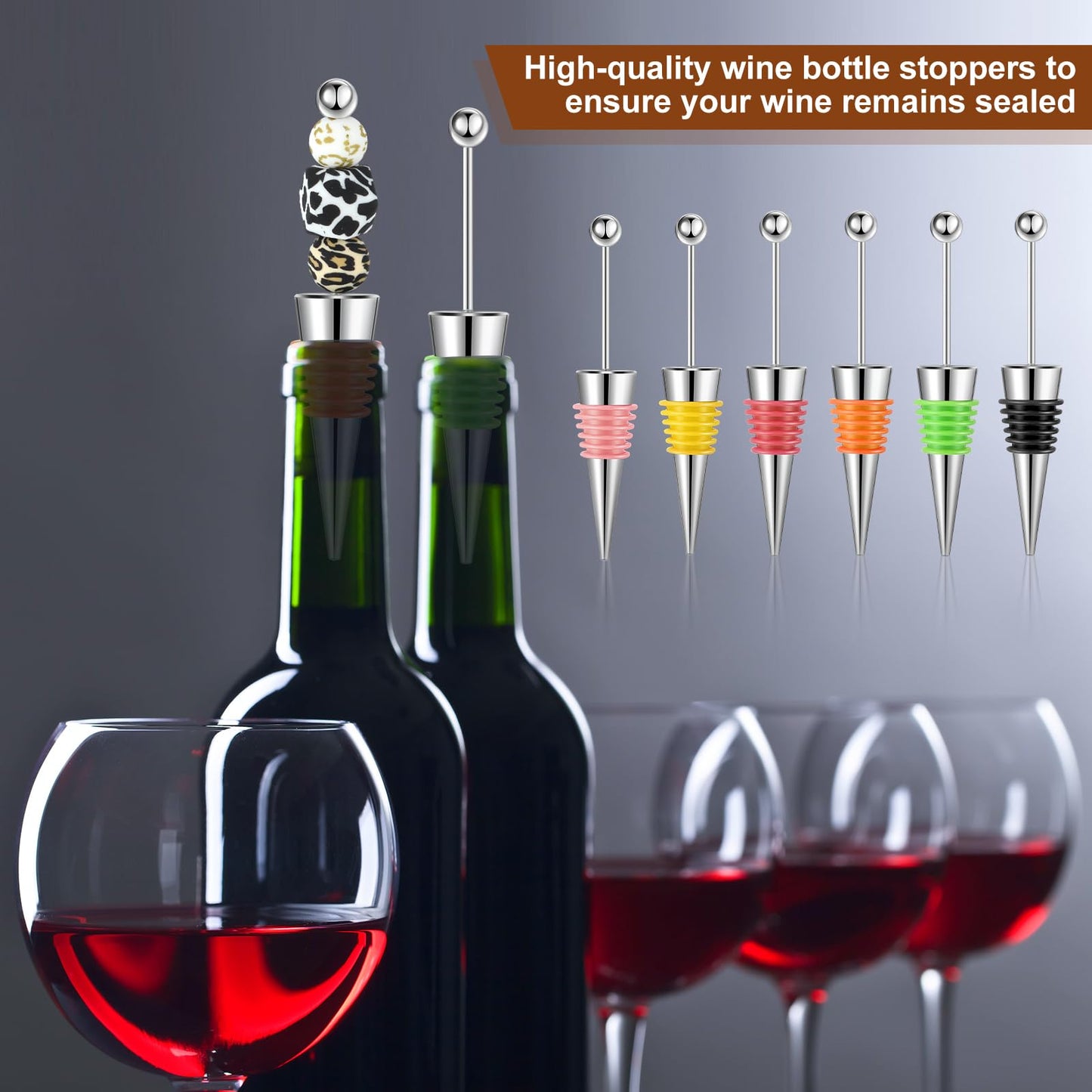 Tandefio 24 Pcs Beadable Wine Stoppers Bulk Bottles Decorative Beadable Wine Bottles Stopper Reusable for Beverage Gifts Holiday Party Wedding Bar