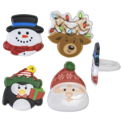 DecoPac Christmas Rings, Holiday Icon Cupcake Decorations, Cupcake Toppers Featuring Santa, Reindeer, Snowmen, and Penguins, Festive Food Safe Cake Topper – 24 Pack