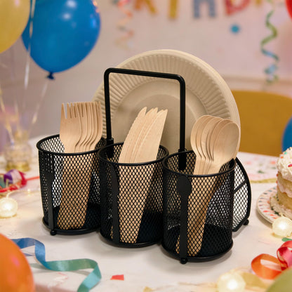 ETlanding Silverware Organizer Utensil Caddy - 4 Compartment Metal Cutlery Holder Flatware Storage Basket Fork Spoon Napkin Paper Plate Kitchen Countertop Party Picnic Camping Buffet Outdoor (Black)