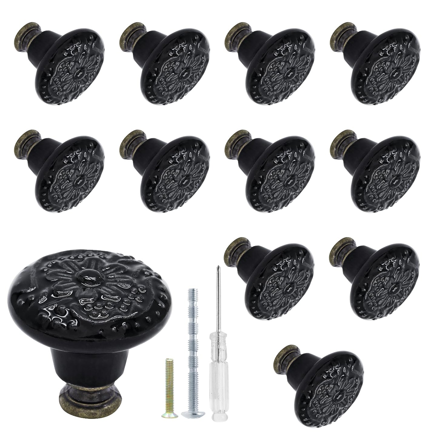 Biaungdo 12 Pcs Black Ceramic Vintage Round Drawer Knobs - Retro Ceramic Dresser Knobs and Pulls for Cabinet, Drawer, Cupboard