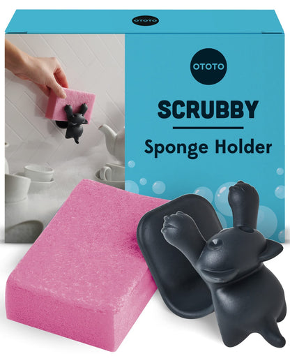 OTOTO Scrubby Cute Cat Sponge Holder for Kitchen Sink - Dishwasher Safe Dish Sponge Organizer- Compact, Cute Kitchen Accessories, Dish Sponge, White Elephant Gifts