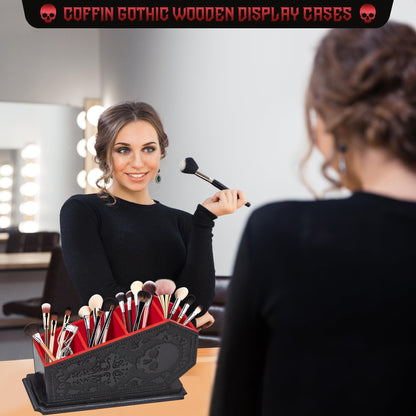 Gothic Coffin Decor Makeup Brush Holder,Spooky Witchy Gifts for Women,Skull Cosmetic Display Cases,Goth Decor Pen Holder, Vanity, Desk, Office Organizer for Mothers Day Bedroom Bathroom (Red)