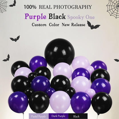 Purple Black Balloon Arch Garland Kit with Bow Star Mylar balloons and Gothic Birthday Backdrop Black white striped balloons for Gothic Girl TV Drama Decorations Spooky Halloween k pop Party Supplies